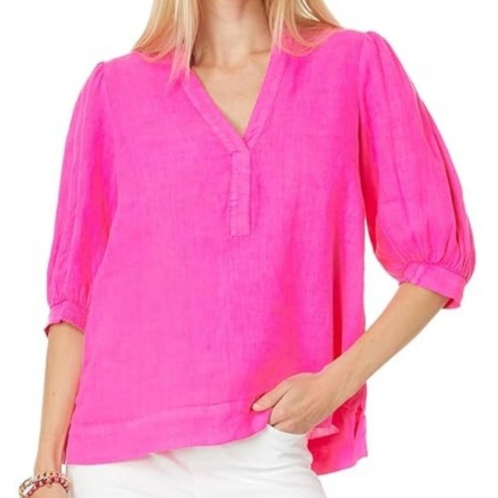 Lilly Pulitzer Maileigh Elbow Sleeve Neon Pink Top Linen Size 14